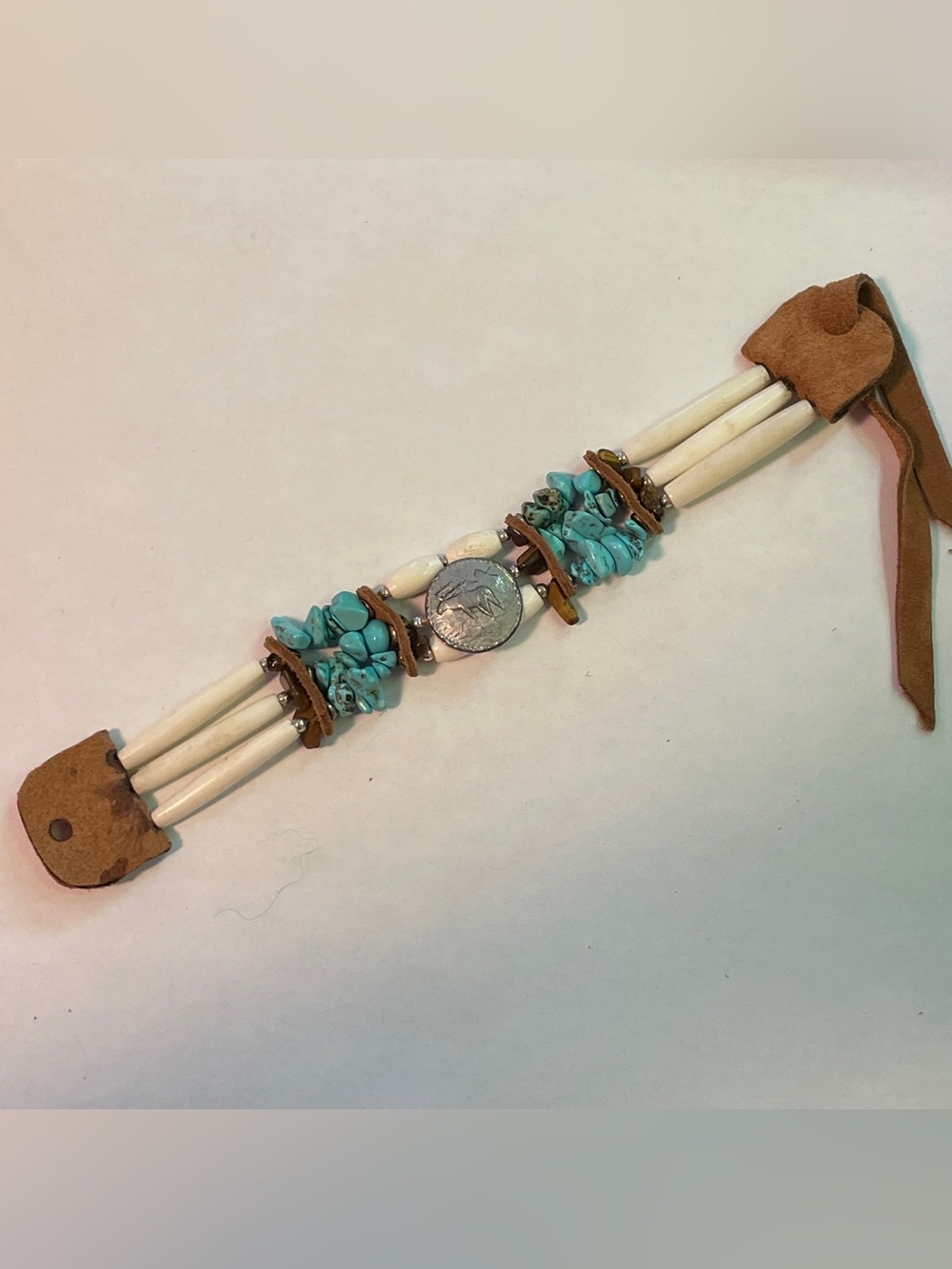 Native American Handmade Bone Bead & TurquoiseBracelet Beaded Leather Ties, 8.5”